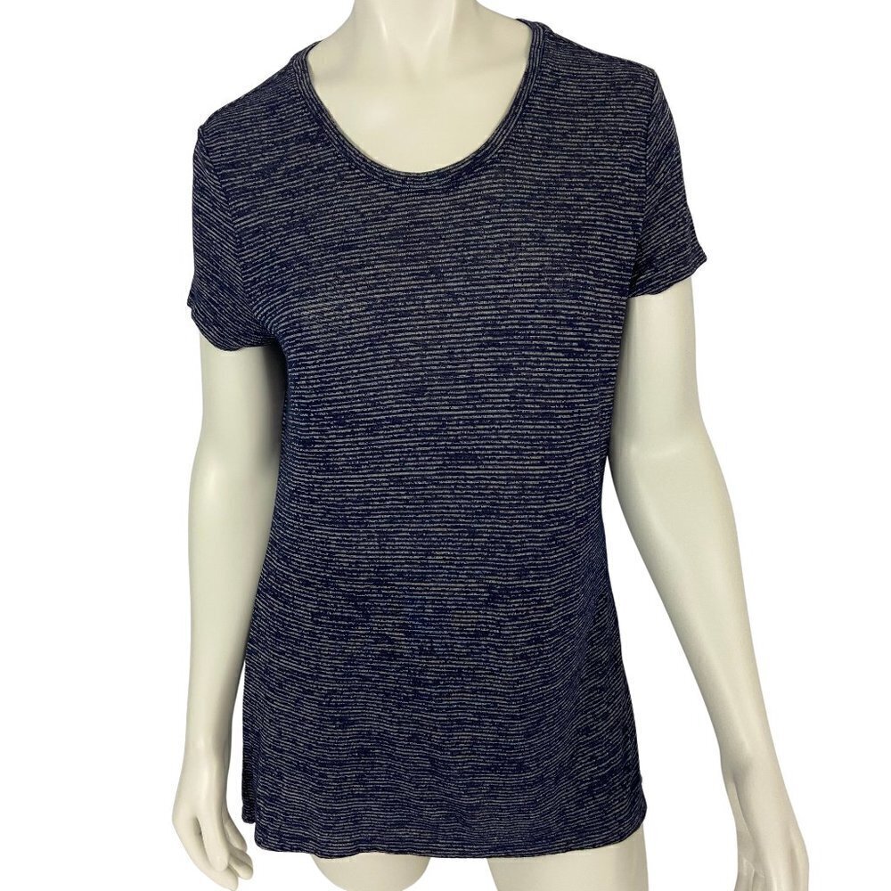Athleta Women’s Scoop Neck Long Shirt Blue & Grey Stripe Short Sleeve Sz M NWOT